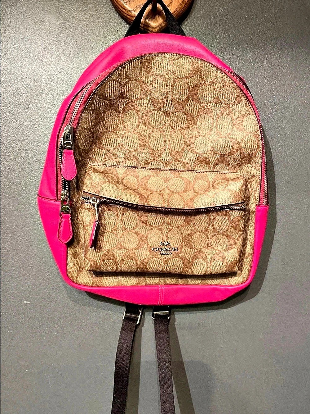 Coach Charlie Medium Backpack F32200 Signature Canvas Khaki Hot Pink Leather